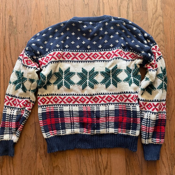 liberty vintage USA Men's Navy, Green & Red Holiday Crewneck Sweater cabin plaid - Picture 4 of 5